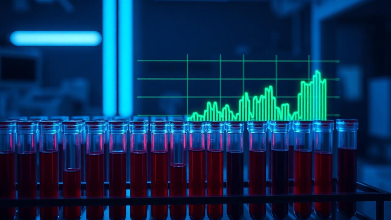 Blood collection tubes with a glowing lime lab result graph