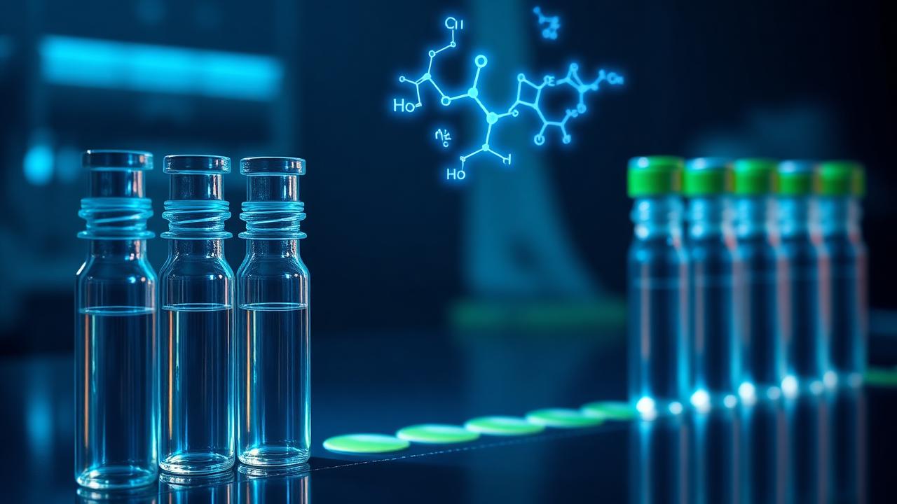 Glass peptide vials glowing under ice-blue laboratory light