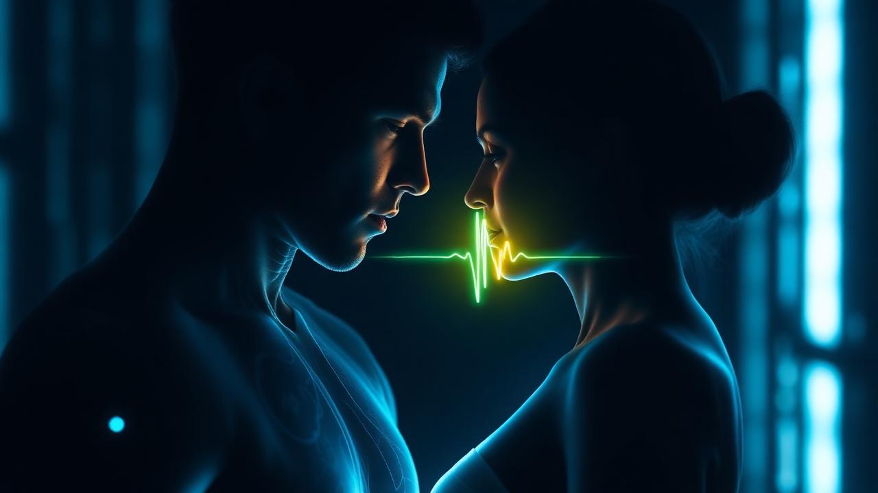 Two silhouetted figures with a glowing lime vitality pulse between them