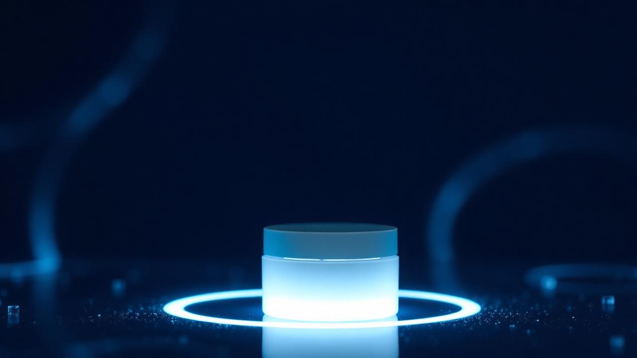 Minimalist white cream jar glowing on a dark navy surface