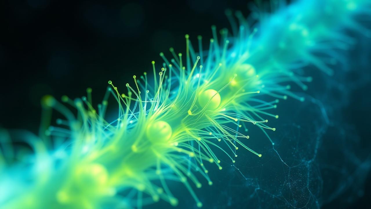 Macro visualization of hair follicles as a glowing fiber network