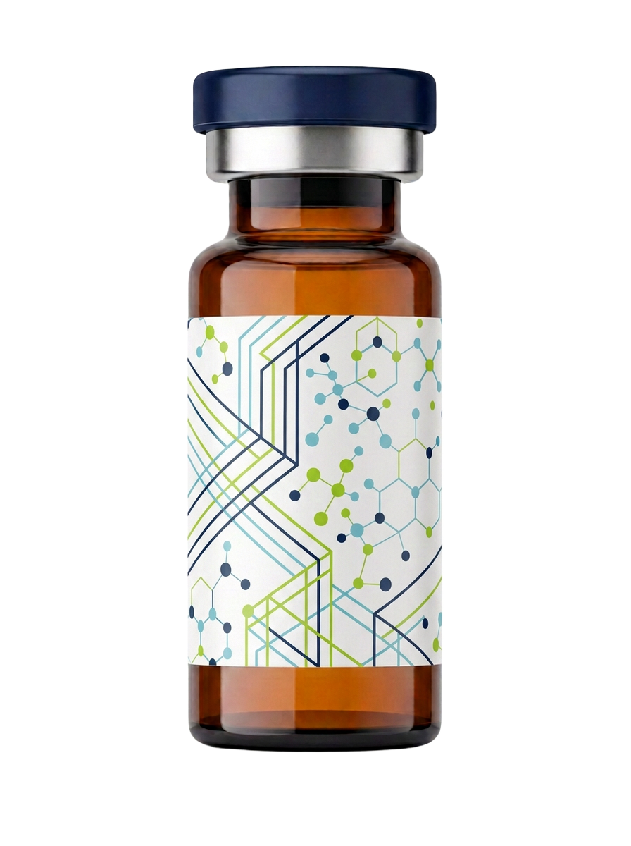 Brand-color amber vial with navy cap