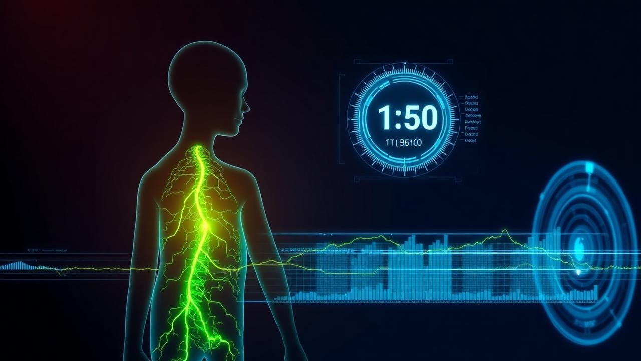 Holographic body-composition scan with glowing metabolic pathways
